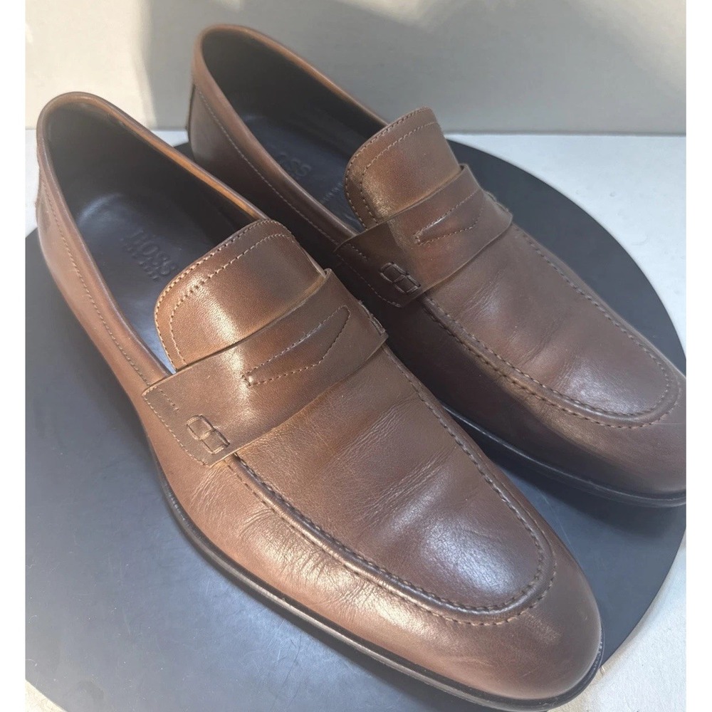 Hugo Boss Bront Men's Leather Penny Loafers Size 8 M Brown Slip On Italy